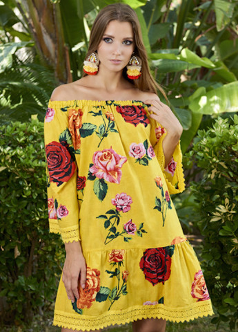Жовтий пляжна сукня з відкритими плечима, кльош Indiano з квітковим принтом