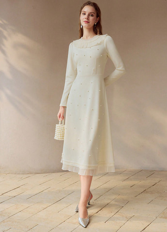 Кремовое кэжуал платье клеш SHEIN однотонное