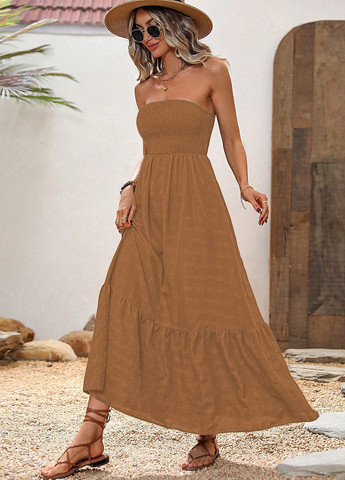 Темно-бежева кежуал, пляжна сукня бандо, кльош SHEIN однотонна
