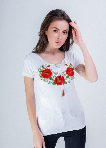 Женская вышитая футболка Маковый цвет белая Melanika (250206215)