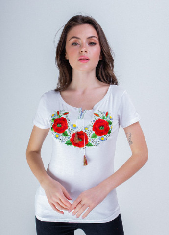 Жіноча вишита футболка Маковий цвіт біла Melanika (250206215)