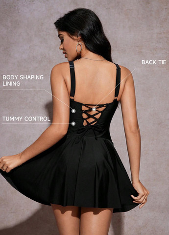 Черный летний купальник слитный, купальник-платье SHEIN