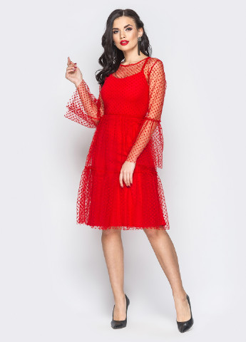 Красное коктейльное платье короткое Larionoff в горошек