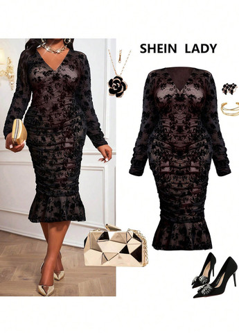 Чорна коктейльна сукня годе SHEIN з квітковим принтом