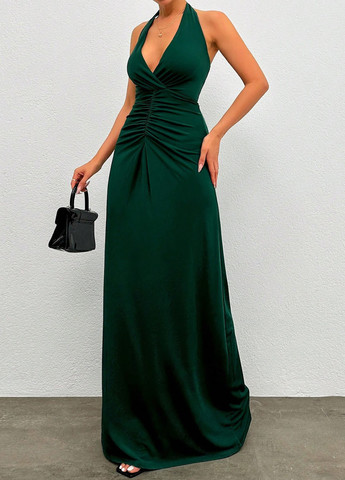 Зеленое вечернее платье клеш, с открытыми плечами, с открытой спиной SHEIN однотонное