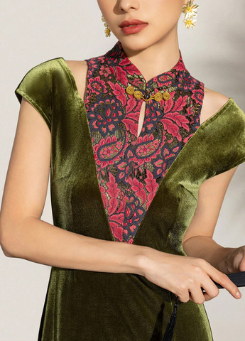 Зеленое вечернее платье силуэтная SHEIN колор блок