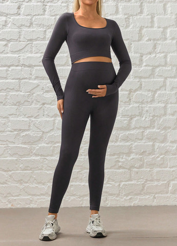 Темно-серый демисезонный комплект (топ, леггинсы) для беременных SHEIN