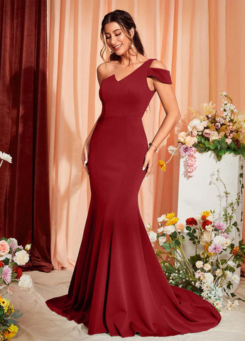 Бордовое праздничный, вечернее платье годе, со шлейфом, на одно плечо SHEIN однотонное