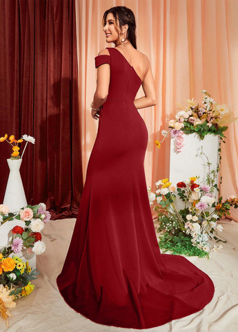 Бордовое праздничный, вечернее платье годе, со шлейфом, на одно плечо SHEIN однотонное