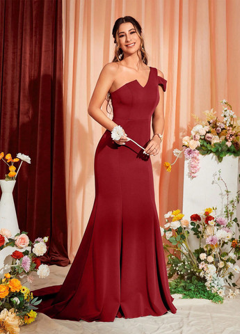 Бордовое праздничный, вечернее платье годе, со шлейфом, на одно плечо SHEIN однотонное