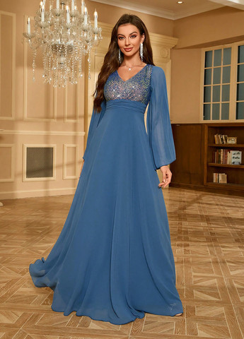 Сіро-голубий вечірня сукня кльош, в стилі армпір SHEIN однотонна