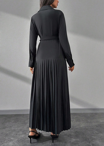 Черное праздничный, деловое платье рубашка, плиссированное SHEIN однотонное