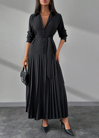 Черное праздничный, деловое платье рубашка, плиссированное SHEIN однотонное