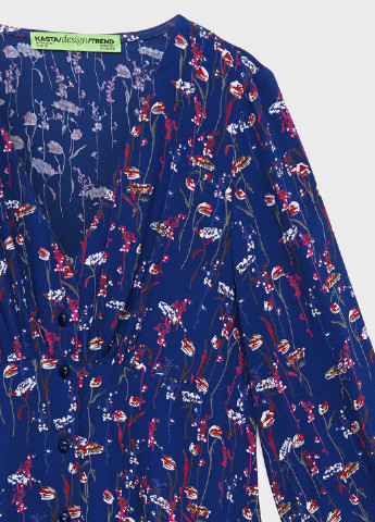 Темно-синее кэжуал платье короткое с v-вырезом и застежкой внизу а-силуэт KASTA design с цветочным принтом