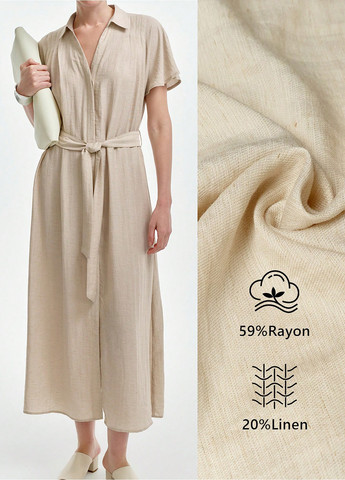 Кремовое деловое, кэжуал платье клеш, а-силуэт, рубашка SHEIN однотонное