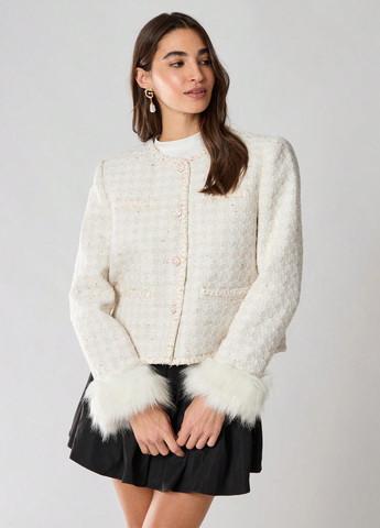 Молочное Кэжуал полупальто однобортное SHEIN в клетку