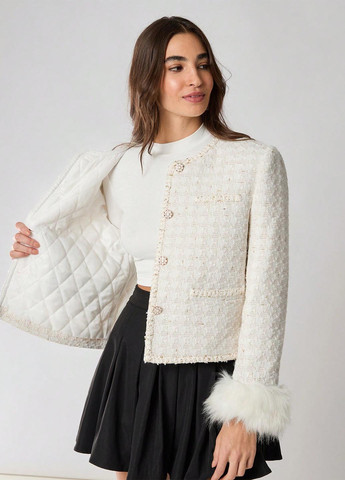 Молочное Кэжуал полупальто однобортное SHEIN в клетку