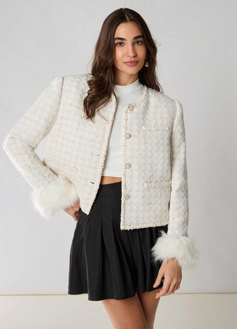 Молочное Кэжуал полупальто однобортное SHEIN в клетку