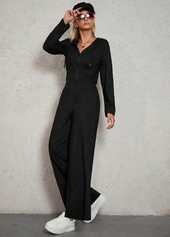 Комбинезон SHEIN комбинезон-брюки однотонный чёрный кэжуал полиэстер, трикотаж