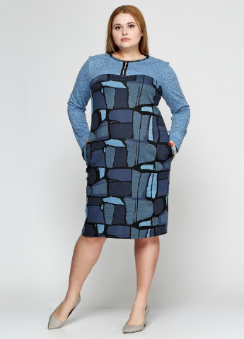 Серо-синее кэжуал платье Алеся с абстрактным узором