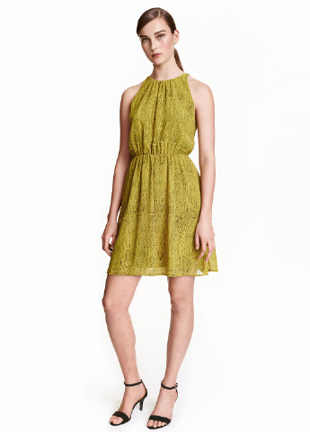 Горчичное кэжуал платье клеш H&M с абстрактным узором