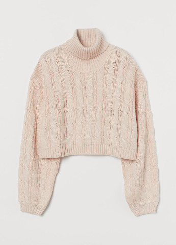 Розовый демисезонный свитер вязки косицей с воротом бледно-розовый H&M