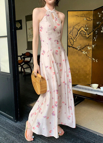 Кремова кежуал сукня з відкритою спиною, кльош SHEIN з квітковим принтом