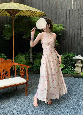 Кремова кежуал сукня з відкритою спиною, кльош SHEIN з квітковим принтом