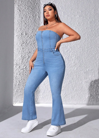 Комбинезон SHEIN комбинезон-брюки однотонный голубой кэжуал, денил хлопок, джинс