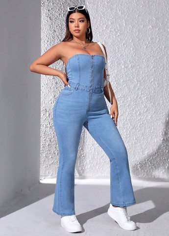 Комбинезон SHEIN комбинезон-брюки однотонный голубой кэжуал, денил хлопок, джинс