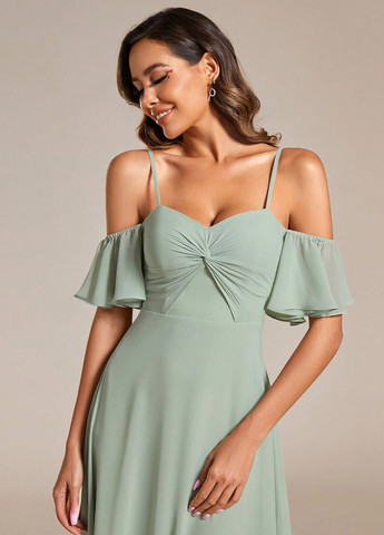 Серо-зеленое вечернее платье клеш SHEIN однотонное