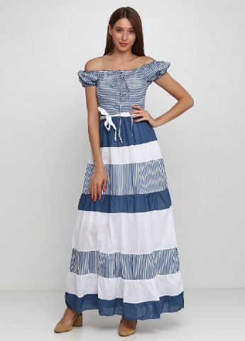 Серо-синее кэжуал платье с открытыми плечами Carrokar в полоску