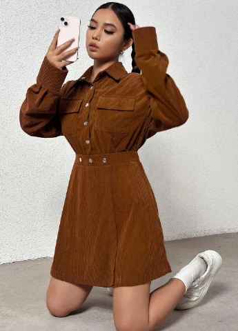 Коричневое кэжуал платье рубашка SHEIN однотонное