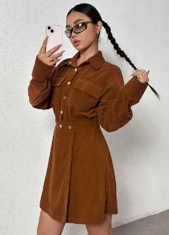 Коричневое кэжуал платье рубашка SHEIN однотонное