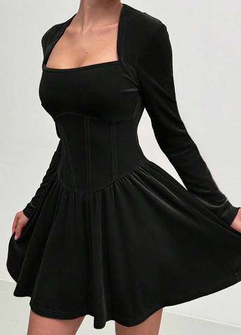 Черное праздничный, коктейльное, вечернее, кэжуал платье клеш, а-силуэт, с корсетом SHEIN однотонное