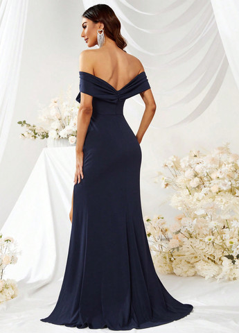 Темно-синее праздничный, вечернее платье с открытой спиной, с открытыми плечами SHEIN однотонное