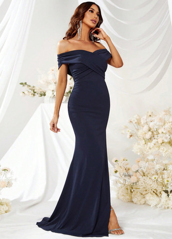 Темно-синее праздничный, вечернее платье с открытой спиной, с открытыми плечами SHEIN однотонное