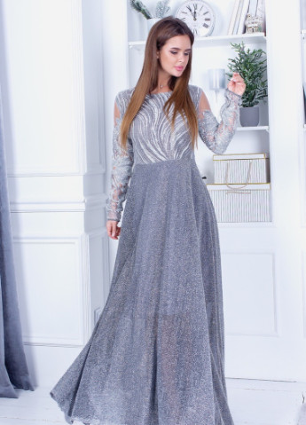 Серебряное свадебное роскошное платье в пол люрекс пайетка 3d с юбкой-солнце Marselin с цветочным принтом