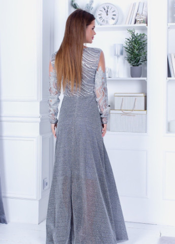 Серебряное свадебное роскошное платье в пол люрекс пайетка 3d с юбкой-солнце Marselin с цветочным принтом