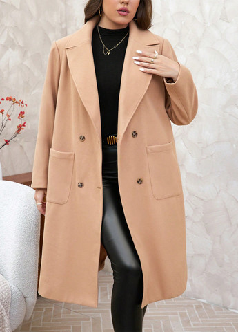 Светло-коричневое демисезонное Пальто двубортное SHEIN