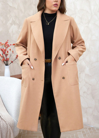 Светло-коричневое демисезонное Пальто двубортное SHEIN