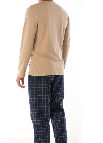 Пижама (лонгслив, брюки) DoReMi лонгслив + брюки клетка бежевая домашняя хлопок
