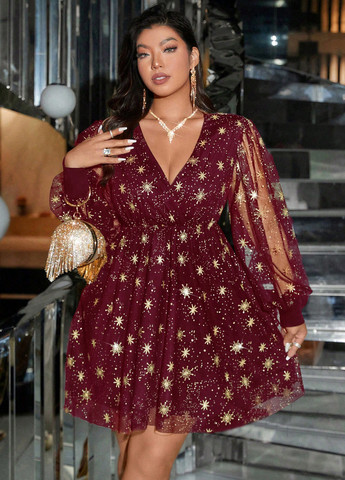 Бордова коктейльна сукня кльош SHEIN зірки