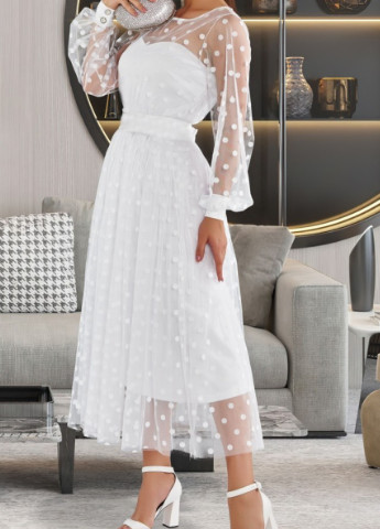 Белое коктейльное платье а-силуэт Veles в горошек