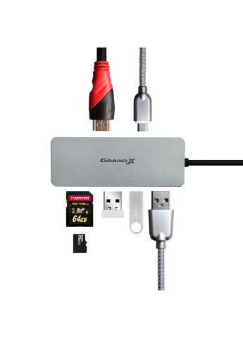 USB 3.1 Type-C 3-port HUB PD charging, SD/MICRO SD reader + HDMI + TypeC (SG-512) Grand-X (253839127)