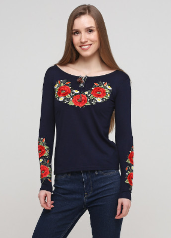Жіноча вишита футболка з довгим рукавом Маковий цвіт синя Melanika (250206148)