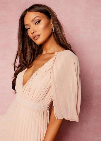 Светло-розовое вечернее платье клеш, со шлейфом, плиссированное Boohoo однотонное