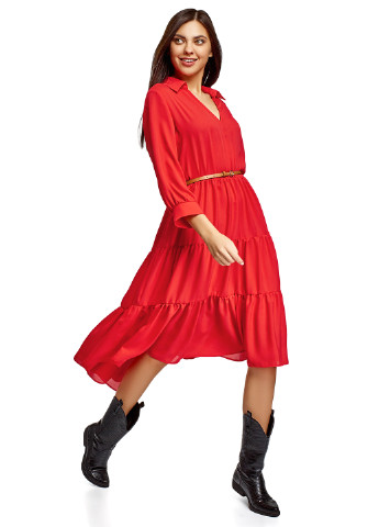 Красное кэжуал платье клеш Oodji однотонное