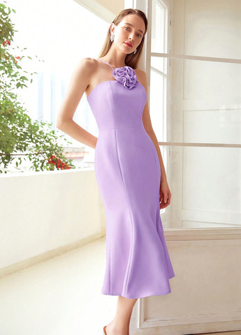 Лиловое праздничный платье годе, бандо, с открытыми плечами, с открытой спиной SHEIN однотонное