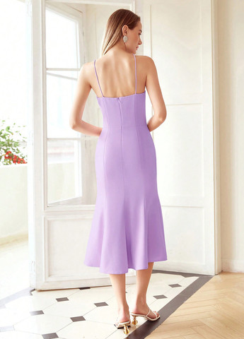 Лиловое праздничный платье годе, бандо, с открытыми плечами, с открытой спиной SHEIN однотонное